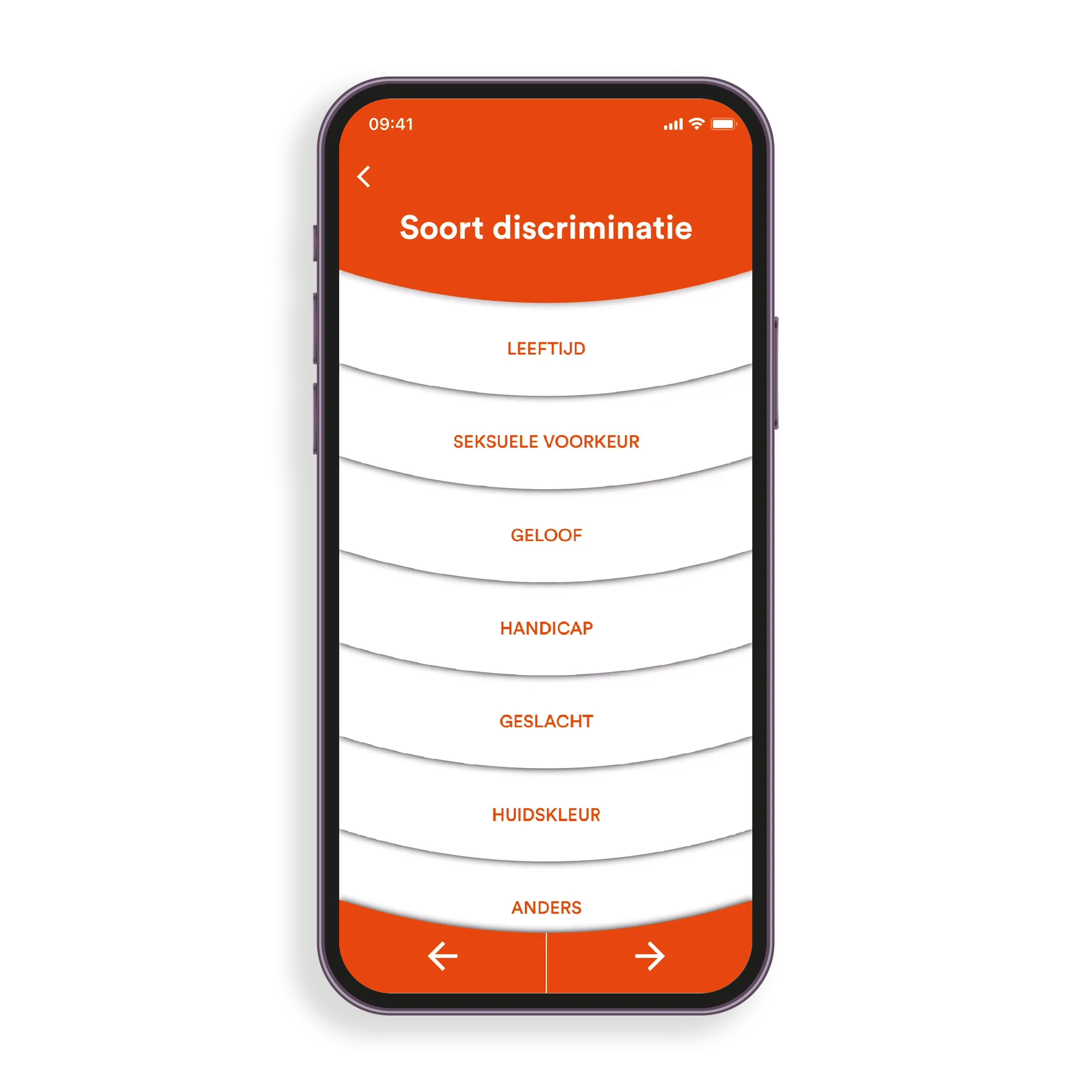 Discriminatie Melder app — type discriminatie selecteren