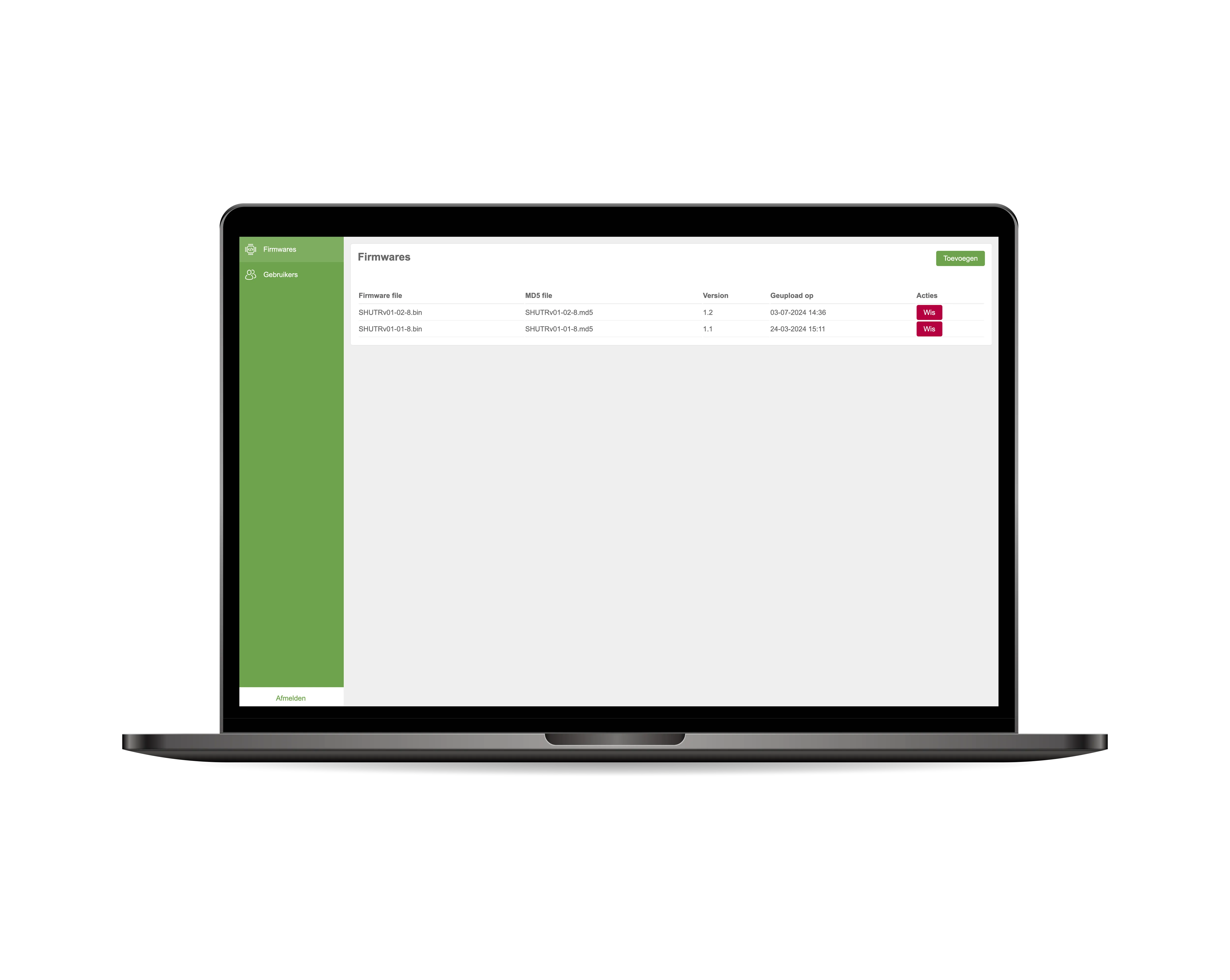 BlastGate SHUTR beheerplatform — firmwareoverzicht voor OTA updates